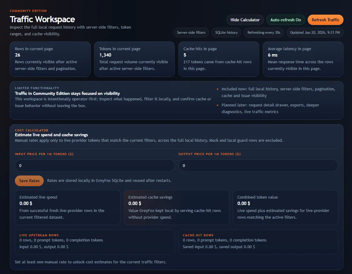 GreyFox cost calculator interface screenshot