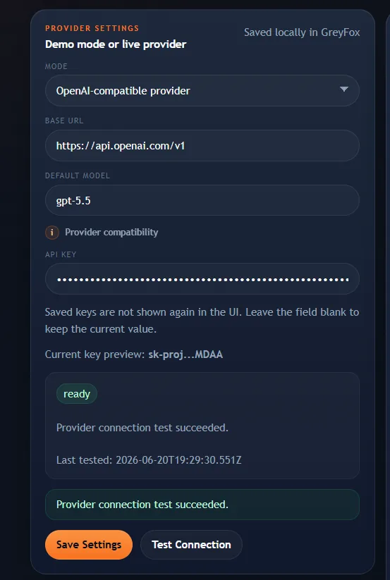GreyFox provider settings interface screenshot